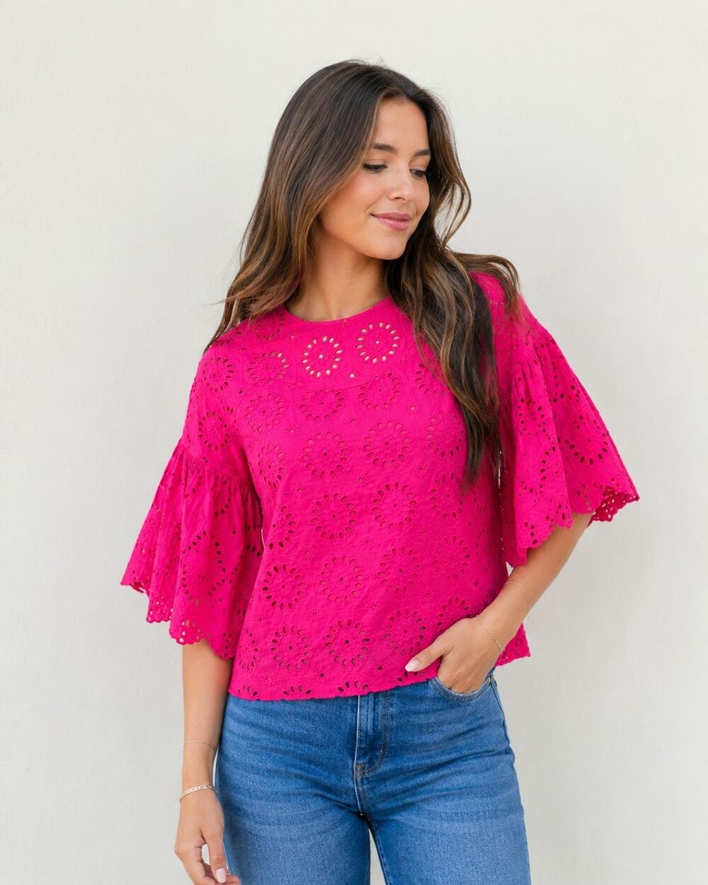 Zara Trafaluc XS Pink Eyelet Embroidered Bell Sleeve Boho Blouse Women's Top